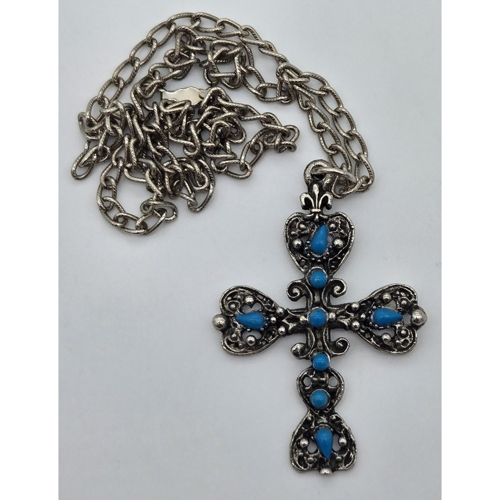Ornate Filigree Cross Pendant Necklace 1980s Southwest Faux Turquoise Vintage